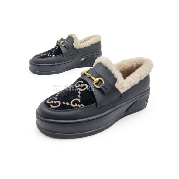 Женские зимние мокасины Gucci Moccasins Winter Leather/Suede Black