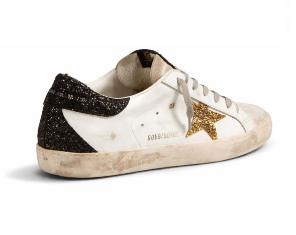 Женские кеды Golden Goose Super-Star In Nappa Leather With Gold Glitter Star And Black Glitter Heel tab
