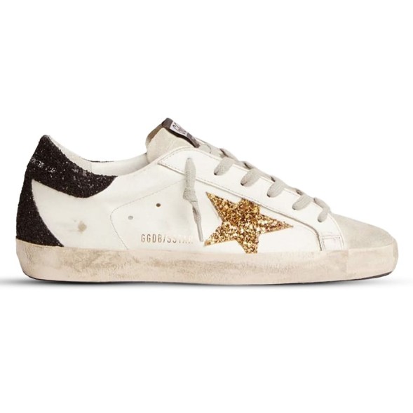Женские кеды Golden Goose Super-Star In Nappa Leather With Gold Glitter Star And Black Glitter Heel tab